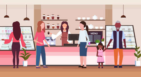female barista coffee shop worker serving mix race people clients giving glass of hot drink waitress standing at cafe counter modern cafeteria interior flat full length horizontal vector illustrationのイラスト素材