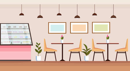 modern coffee shop empty no people cafeteria interior bakery store with showcase tables and chairs flat horizontal vector illustrationのイラスト素材