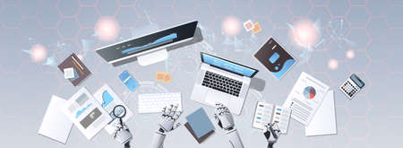 robot hands using digital devices at workplace desk office stuff working process top angle view...