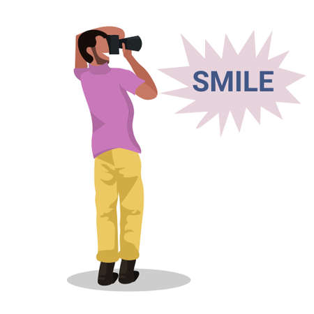 man photographer taking photo with camera african american character standing and shooting male cartoon character full length flat white background vector illustrationのイラスト素材