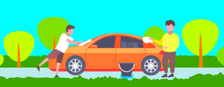 little son helping his father washing car outdoors happy family man with boy spending time together male cartoon characters full length landscape background horizontal vector illustrationのイラスト素材
