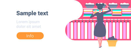 rear view maid in black and white uniform organizing clean clothes housewife in family clothing wardrobe effective house organization concept horizontal full length copy space vector illustrationのイラスト素材