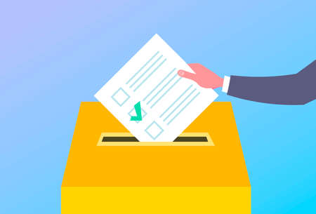 election day concept voter hand putting paper ballot list in box during voting flat horizontal vector illustrationのイラスト素材