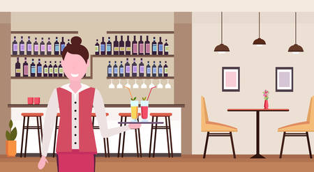 young waitress holding tray with fresh cocktails professional worker in cafe serving drinks for clients woman standing in modern restaurant interiorのイラスト素材