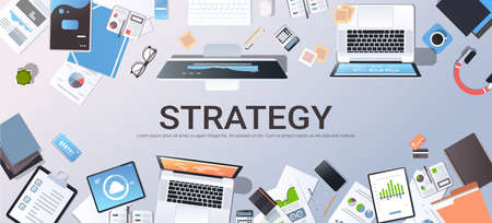 business strategy marketing plan concept top angle view desktop laptop smartphone tablet screen...