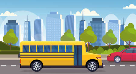 yellow school bus driving asphalt road city urban traffic concept cityscape background flat...