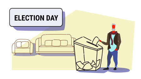 election day concept senior casual man voter putting paper ballot list in box during voting male character full length sketch doodle horizontal vector illustrationのイラスト素材