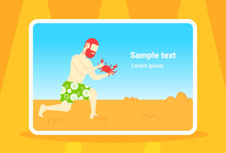 bearded man holding big red crab with claws on sea beach summer vacation concept male cartoon character full length flat copy space seaside horizontal vector illustrationのイラスト素材