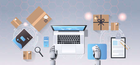 robotic hands using laptop online shopping express shipping delivery bot service concept top angle...