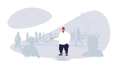 obese fat man standing out from crowd people silhouettes over size guy different individuality concept cityscape background sketch doodle horizontal vector illustrationのイラスト素材