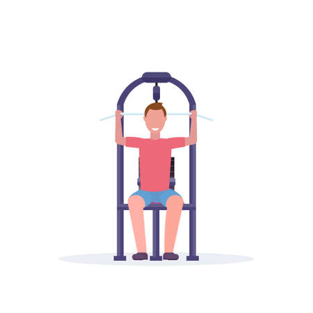 sporty man working out on lat pull down machine bodybuilder training in gym training apparatus...