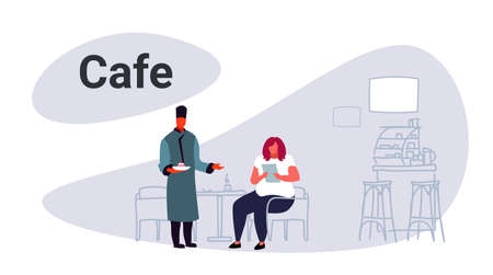 caucasian waiter in traditional clothes serving cake to fat over size woman visitor sitting at cafe table looking menu modern restaurant interior full length sketch doodle horizontal vector illustrationのイラスト素材