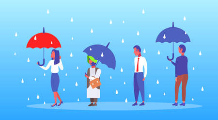mix race businesspeople holding umbrella unprotected businessman standing under rain protection concept male female cartoon characters full length flat horizontal vector illustrationのイラスト素材
