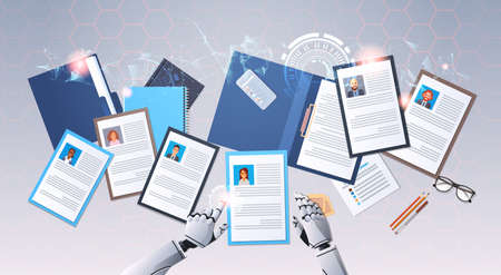 robot hands choosing cv profile businesspeople to hire curriculum vitae candidate job position top...