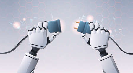 robot hands inserting plug in socket ready to connect top angle view artificial intelligence digital...