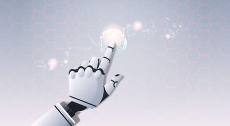 robot hand touching abstract virtual user interface touchscreen artificial intelligence digital...