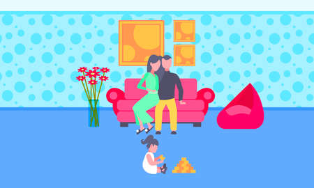 little child playing toys on floor while parents sitting on couch at home happy family relaxing mother father and daughter spending time together living room interior full length horizontal vector illustrationのイラスト素材
