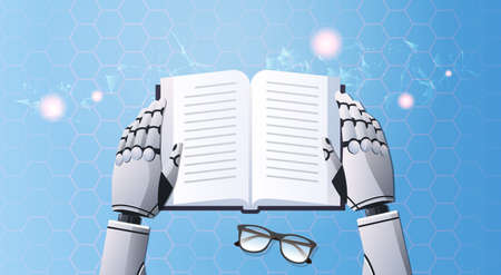 robot hands holding note book humanoid reading text top angle view artificial intelligence digital...