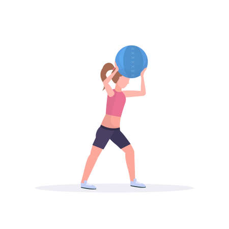 sporty woman doing crossfit exercises with medicine leather ball girl training in gym cardio workout healthy lifestyle concept flat white background full length vector illustrationのイラスト素材