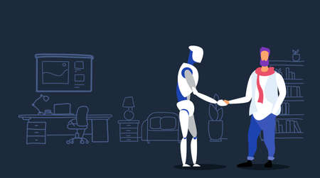 casual man handshaking with robot agreement concept friendship between artificial intelligence...