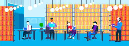 mix race students group reading books men women sitting at tables in modern library preparing to...