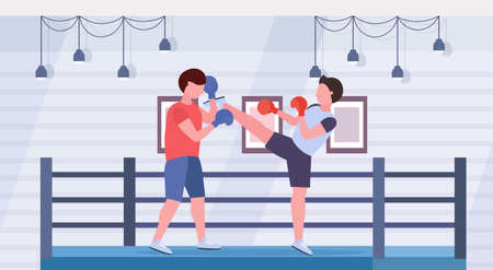 two boxers training kick boxing exercises fighters in gloves practicing together modern fight club ring arena interior healthy lifestyle concept flat horizontal full length vector illustrationのイラスト素材