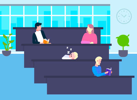 mix race students sitting in row at tables tired guy sleeping in lecture hall studying process modern amphitheater university classroom interior education learning concept portrait horizontal vector illustrationのイラスト素材