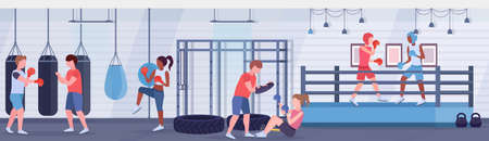mix race boxers practicing boxing exercises fighters in gloves exercising on ring arena fight club with punching bags modern gym interior healthy lifestyle concept horizontal vector illustrationのイラスト素材