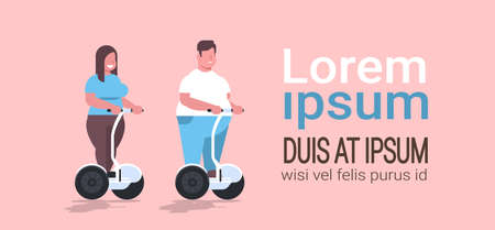 fat overweight couple riding electrical self balancing scooter obese man woman on electric...