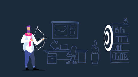 casual businessman archer hitting arrow target business goal achievement concept successful strategy sketch doodle horizontal full length vector illustrationのイラスト素材