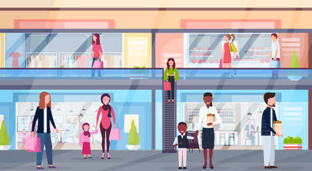 mix race visitors walking modern shopping mall with clothes boutiques and coffee shops supermarket retail store interior horizontal full length flat vector illustrationのイラスト素材