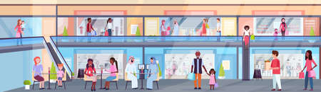 visitors walking modern shopping mall with clothes boutiques and coffee shops supermarket retail store interior mix race people eating in foot court horizontal full length flat vector illustrationのイラスト素材