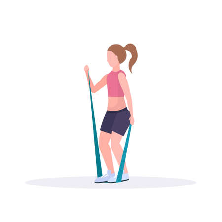 sporty woman doing exercises with resistance band girl training in gym stretching workout healthy lifestyle concept flat white background vector illustrationのイラスト素材