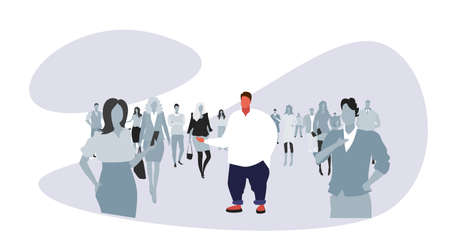 obese fat man standing out from crowd people silhouettes over size guy different individuality concept male cartoon character full length sketch doodle horizontal vector illustrationのイラスト素材