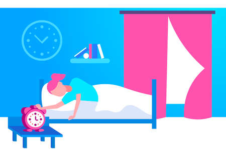 young woman sleeping in bed girl rise hand to turn off alarm clock in bedroom interior wake up concept female cartoon character flat horizontal vector illustrationのイラスト素材
