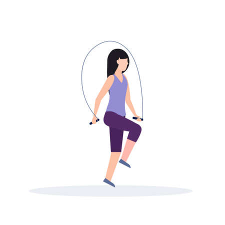 sporty woman doing exercises with jumping rope girl training in gym aerobic workout healthy lifestyle concept flat white background vector illustrationのイラスト素材