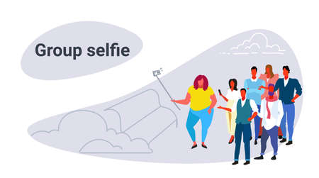obese fat woman holding selfie stick over size girl with casual people group taking picture on...