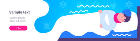 sick man lying covered with blanket in bed at home ill man having flu virus freezing illness concept horizontal copy space vector illustrationのイラスト素材