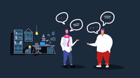 two business colleagues at meeting in co-working office thin and fat coworkers chat bubble...