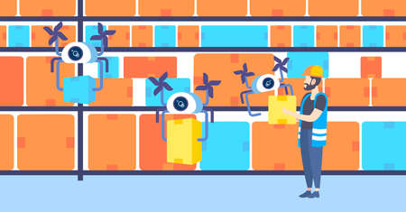 warehouse worker sending cardboard boxes with drone delivery service automatic logistic management concept quadcopters flying with box in storehouse horizontal flat full length vector illustrationのイラスト素材