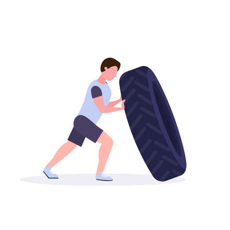 sports man flipping a tire doing hard exercises guy working out in gym crossfit training healthy lifestyle concept flat white background vector illustrationのイラスト素材