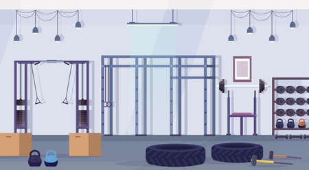 crossfit health club studio with workout equipment healthy lifestyle concept empty no people gym interior training apparatus horizontal vector illustrationのイラスト素材