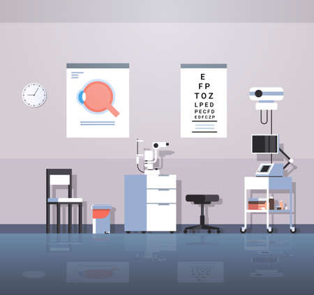 modern ophthalmologist office interior design empty no people oculist medical consultation cabinet with furniture and equipment flat horizontal vector illustrationのイラスト素材