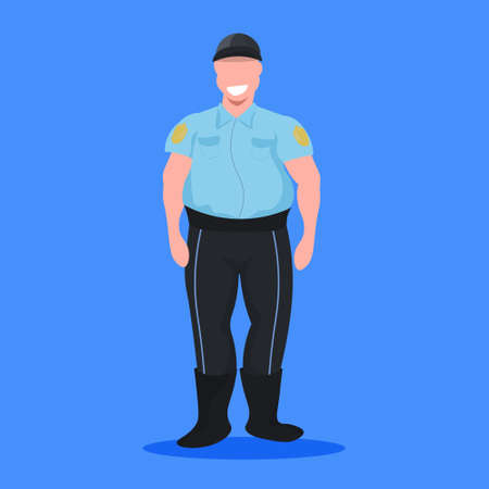 police man officer in uniform male cop security guard professional occupation concept cartoon character full length flat blue background vector illustrationのイラスト素材