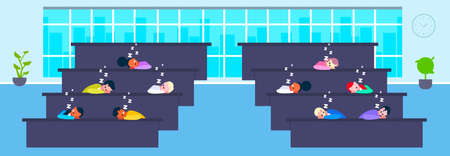 mix race students sitting in row at tables tired people sleeping in lecture hall studying process modern amphitheater university classroom interior education learning concept horizontal vector illustrationのイラスト素材