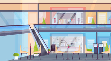 modern retail shopping mall with clothes boutique store and coffee shop empty no people supermarket interior horizontal flat vector illustrationのイラスト素材