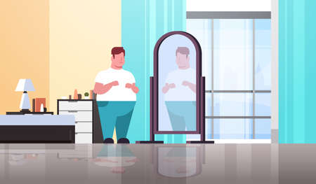 sad overweight man looking at himself reflection in mirror guy over size obesity concept modern apartment bedroom interior flat full length horizontal vector illustrationのイラスト素材