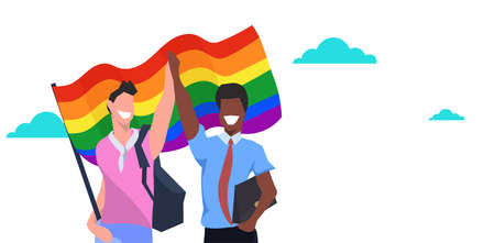 mix race couple gays holding lgbt rainbow flag love parade pride festival concept two smiling guys standing together male cartoon characters portrait horizontal flat vector illustrationのイラスト素材