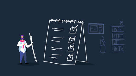 man holding pen performing tasks businessman completed checklist task performance concept office...
