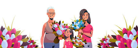 happy three generations women holding bouquet of tulip flowers international 8 march day celebrating concept female cartoon characters portrait horizontal banner vector illustrationのイラスト素材